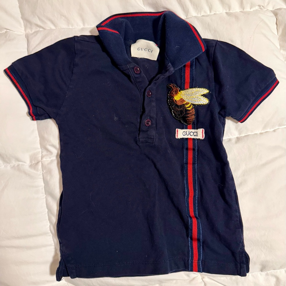 Gucci Kids Navy Polo with Embroidered Bee and Red Accents